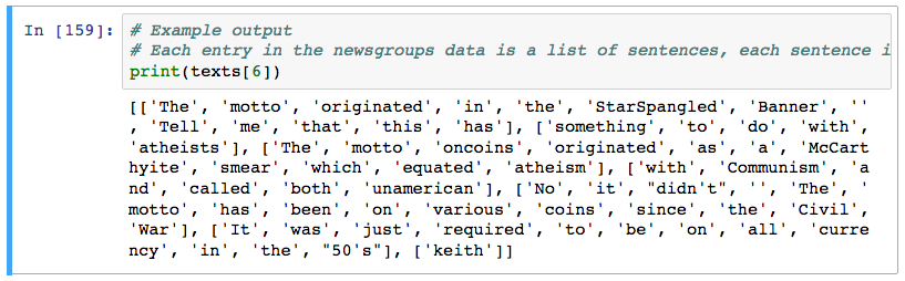 Sentence formatted as a list for Word2Vec Training.